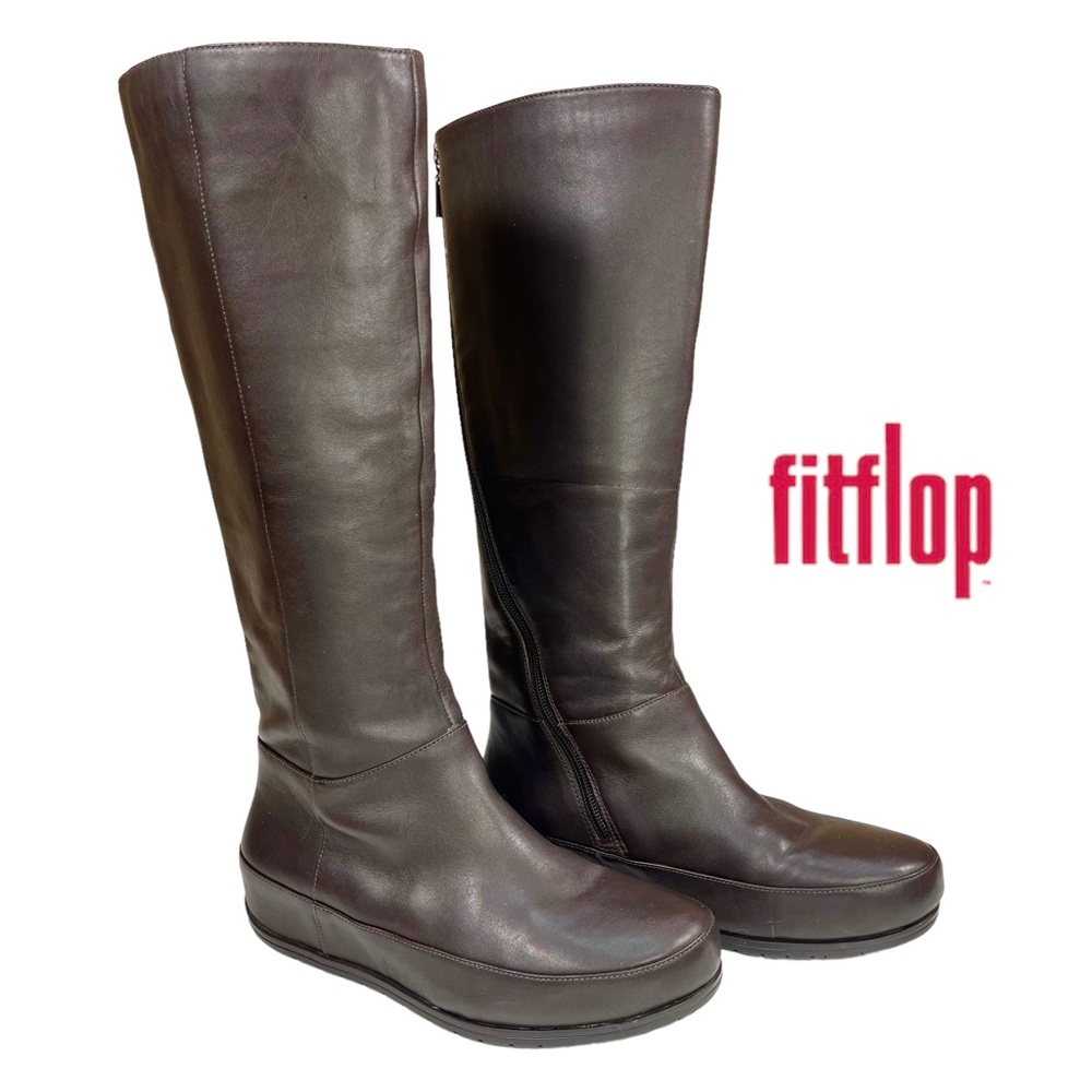 FitFlop Women’s 6.5 Superboot Tall Brown Leather Knee‎ High Boots Full Zip